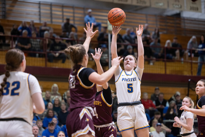 Adna&rsquo;s Gaby Guard (5) shoots the ball during a 2B Girls State Opening Round against Cle Elum at W.F. West High School on Saturday, March 1.