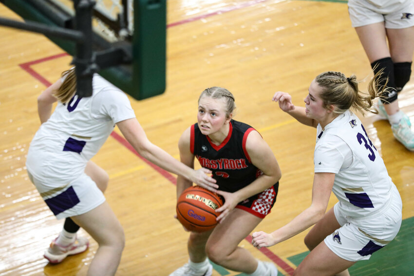 Mossyrock's Adyson Barrows drives the lane against Columbia (Burbank) in a Class 2B State Tournament Opening Round game on Saturday, March 1 at Richland High School.