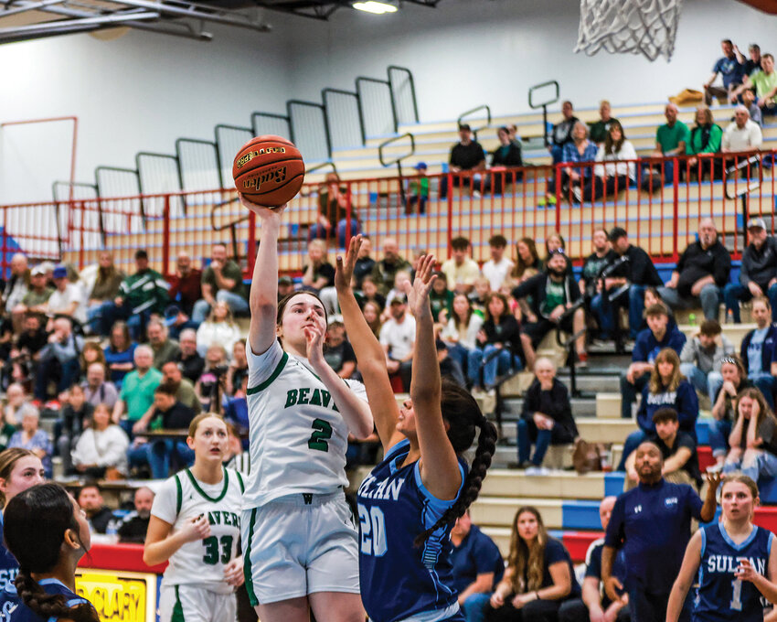 Woodland sophomore forward Kennedy Bockert makes a shot during the Beavers&rsquo; 59-28 win on Saturday, March 1, over the Sultan Turks in the opening rounds of the 2A state girls basketball tournament.