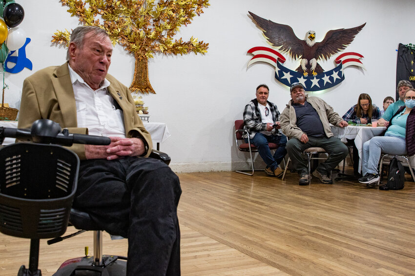 James &quot;Jim&quot; Gardner shares stories from his time in the U.S. Navy during his 100th birthday celebration at the Tenino No. 564 Fraternal Order of Eagles on Saturday, March 1.