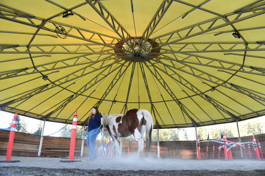 Elouise Hemenway walks her horse, Harley, at her lesson on Friday, Feb. 28 at Rusty Bar Ranch in Roy.