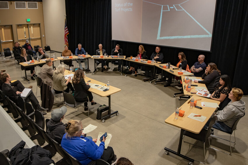 The Centralia City Council and the Centralia School Board hold a joint meeting to discuss the Fort Borst Park turfing project inside the Centralia High School Performing Arts Center on Tuesday, March 4.