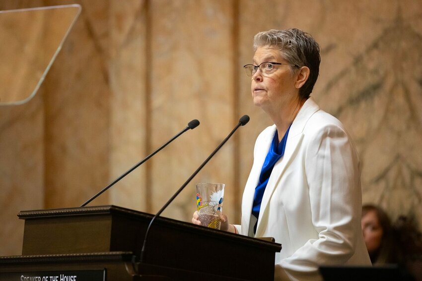 Speaker of the House Laurie Jinkins speaks during the inauguration of Gov. Bob Ferguson on Wednesday, Jan. 15, 2025, at the Washington State Capitol in Olympia, Wash. (Ryan Berry/Washington State Standard)