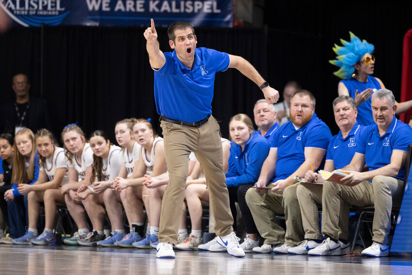 Adna head coach Chris Bannish yells to players during the 2B Girls State Championship game against Northwest Christian at the Spokane Arena on Saturday, March 8.