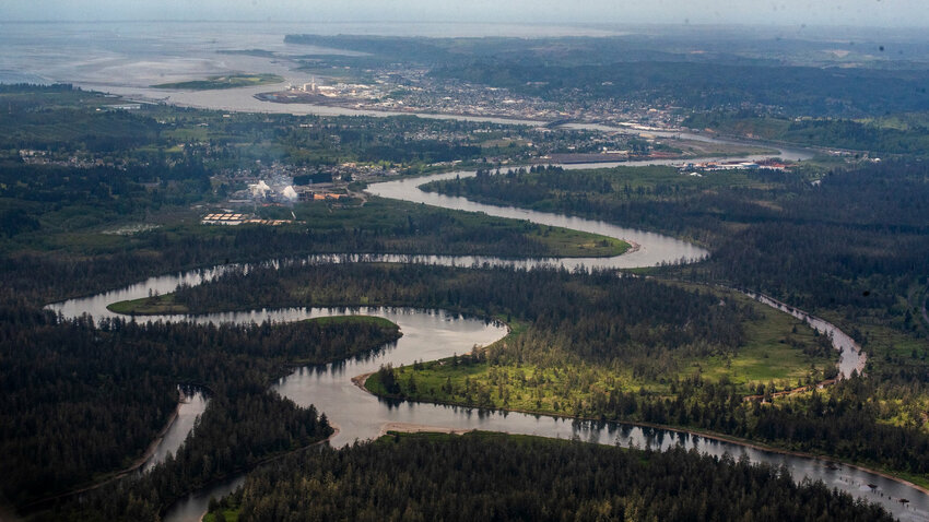 The Chehalis River flows past Cosmopolis and to the harbor in 2022.