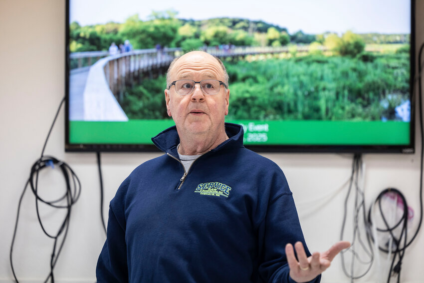 Chehalis resident and Coal Creek project visionary Bob Russell speaks to community members during a meeting to gather the public&rsquo;s input about the project at the Twin City Senior Center in Chehalis on Thursday, March 13.