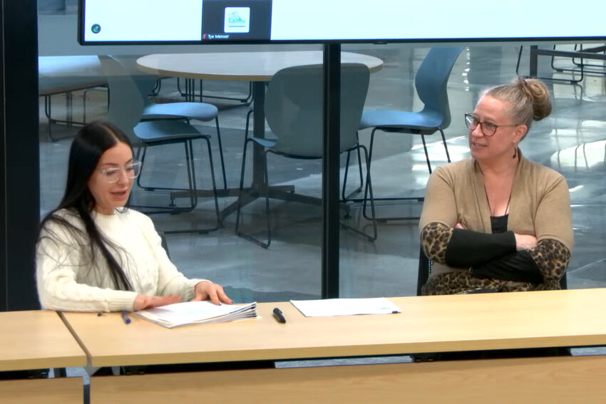 Katie Strozyk, Thurston County opioid and overdose response program manager, and Dr. Jen Freiheit, public health and social services director, present an overview of the county's opioid settlement funds during a Board of Thurston County Commissioners work session on Wednesday, March 12.