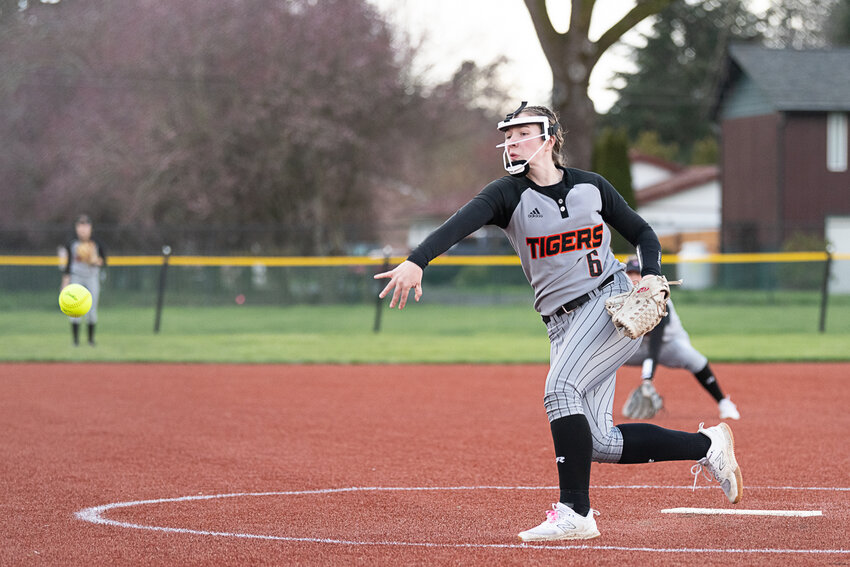 Centralia's Hollynn Wakefield throws a pitch during Centralia's win over Hockinson on Mar. 17.