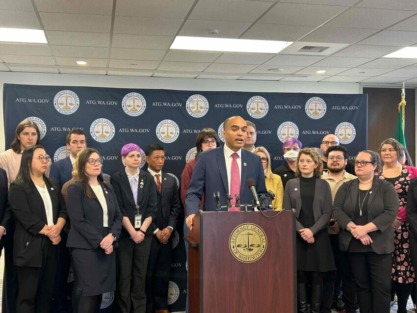 Washington state Attorney General Nick Brown speaks at a press conference on Feb. 7, 2025 where he announced a lawsuit against President Trump’s executive order that seeks to curtail federal support for health care services provided to transgender youth. (Photo by Jake Goldstein-Street/Washington State Standard)