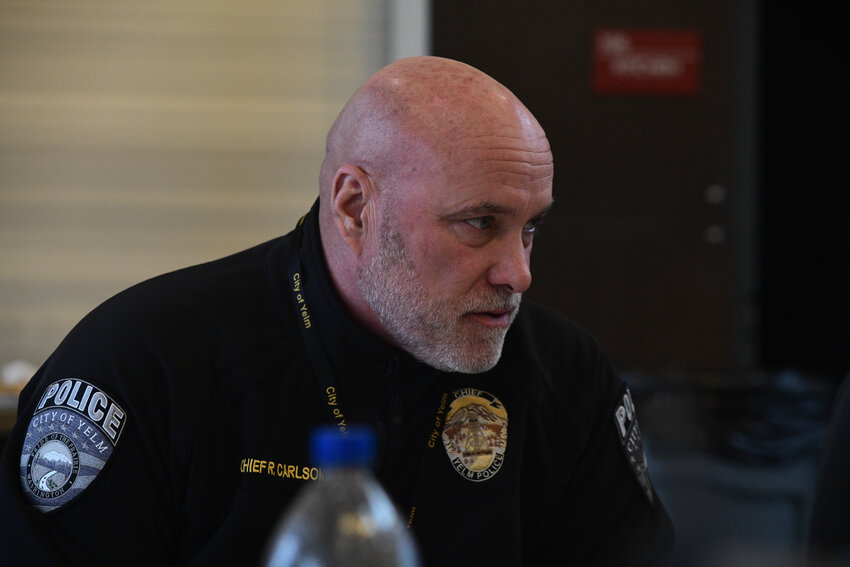Yelm Police Chief Rob Carlson provided community members with an update on Yelm Police Department during the city's community conversations event on Wednesday, March 12.