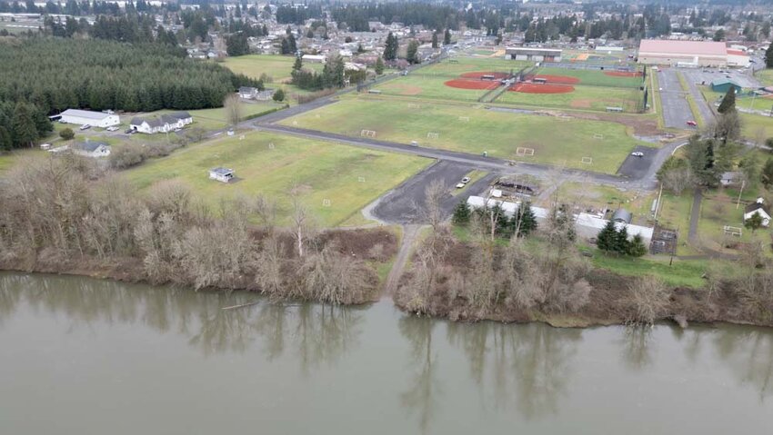 Soccer fields are pictured from above next to the Chehalis River in Centralia on Wednesday, March 19.