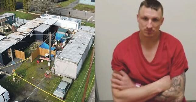 Robert Eugene Chandler, 35, is pictured alongside the scene of the crime in Winlock.