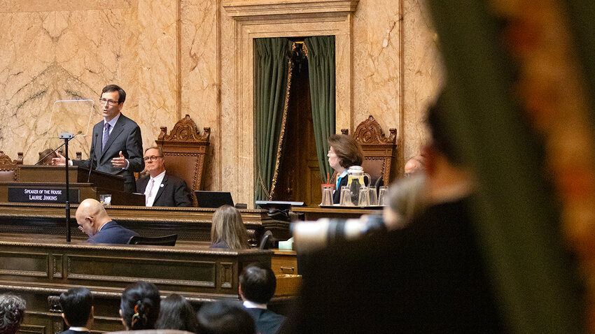 Gov. Bob Ferguson delivers his inaugural address in the state House chamber in Olympia, on Jan. 15, 2025. The themes Ferguson highlighted during the speech did not sit well with some Democratic lawmakers. (Photo by Ryan Berry/Washington State Standard)