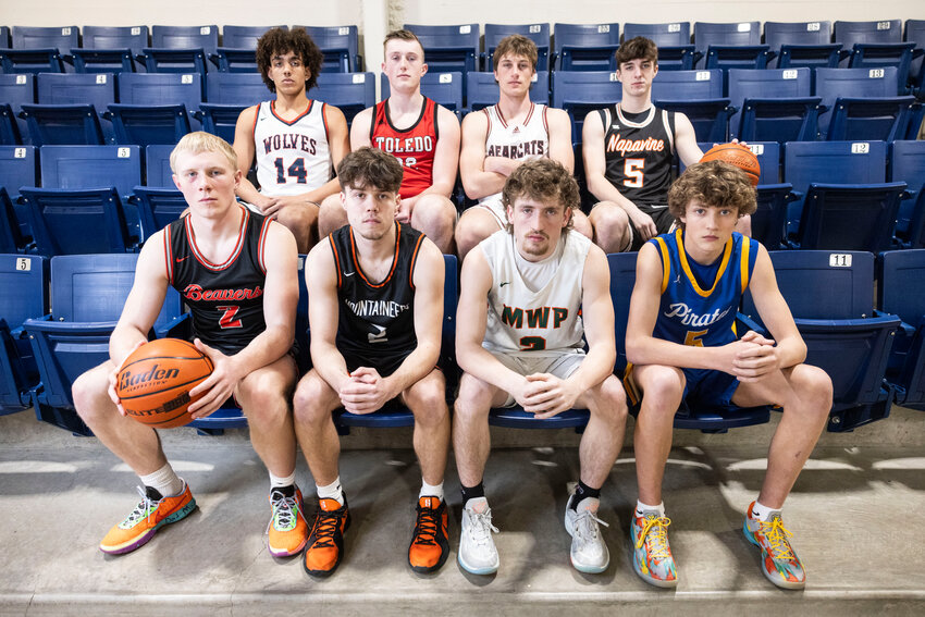 The Chronicle&rsquo;s All-Area Boys Basketball Team, from the left on the top row, Black Hills&rsquo; James Morgan, Toledo&rsquo;s Cooper Fallon, W.F. West&rsquo;s Grady Westlund and Napavine&rsquo;s Karsen Denault. On the bottom row from the left, Tenino&rsquo;s Austin Gonia, Rainier&rsquo;s Jacob Meldrum, Morton-White Pass&rsquo; Judah Kelly, Adna&rsquo;s Trevin Salme pose for a photo in the Centralia College gym on Thursday, March 20.