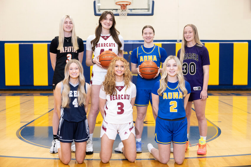 The Chronicle All-Area Girls Basketball Team (Top row from the left:) Napavine&rsquo;s Hayden Kaut, W.F. West&rsquo;s Julia Dalan, Adna&rsquo;s Karsyn Freeman, Onalaska&rsquo;s Emalie Jacoby; Bottom row from the left: Pe Ell&rsquo;s Karli Phelps, W.F. West&rsquo;s Dilyn Boeck and Adna&rsquo;s Danika Hallom pose for a photo in the Centralia College gym on Thursday, March 20.