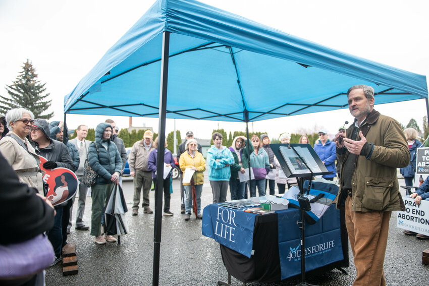 40 Days for Life board member Matt Britton speaks during a &ldquo;Pray to End Abortion&rdquo; event across the street from Planned Parenthood in Centralia on Monday, March 24, 2025.