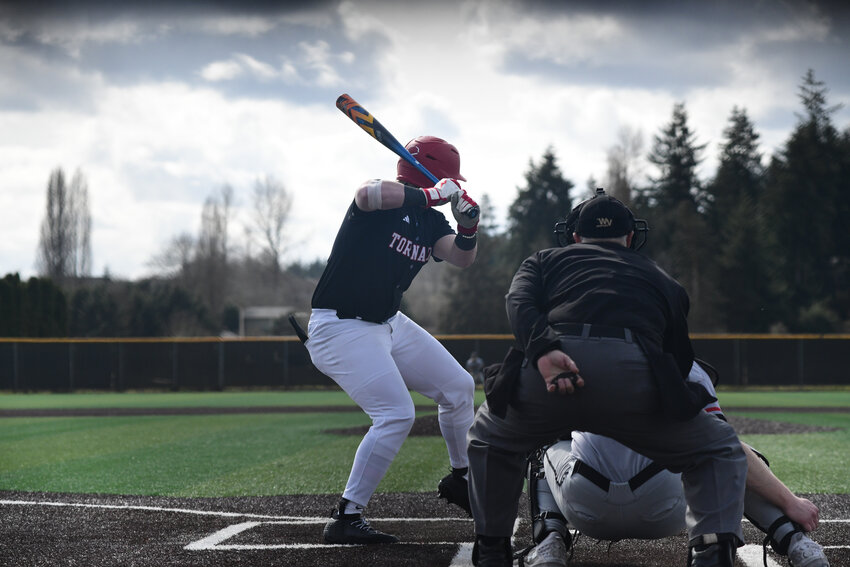 Yelm baseball second baseman Parker Myers awaits a pitch against the Camas Papermakers on Saturday, March 22.