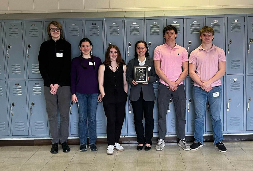 The Onalaska High School Knowledge Bowl team poses for a photo with their eighth-place trophy at the state competition Saturday, March 22. Team members include, from left, sophomore Landon Buff, sophomore Lilly Miller, senior Taylor Babb, senior Melissa Reiman, senior Taden Miller and sophomore Morgan Allen