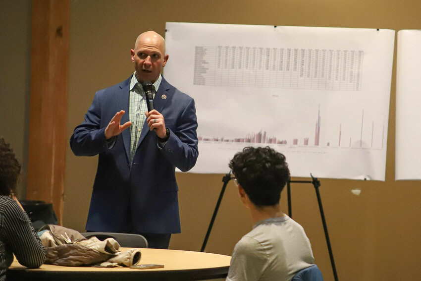 State Rep. Peter Abbarno, R-Centralia, expresses his support for residents affected by high levels of nitrates in water during a town hall at Centralia High School on Monday, March 24.