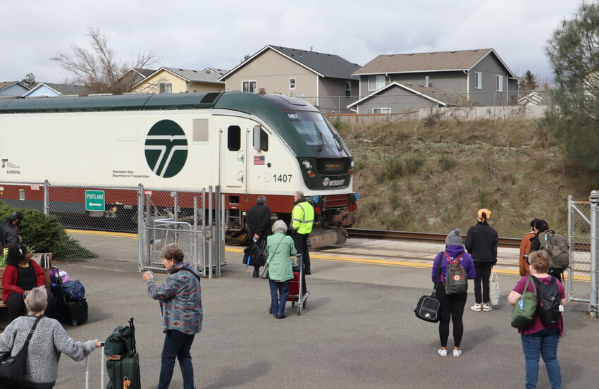Amtrak has not provided a timeline for when replacement train cars might arrive to replace the aging Horizon coaches that were abruptly pulled from service on March 26. Here a train is seen at the Olympia-Lacey station in 2022. (Photo by Tom Banse)
