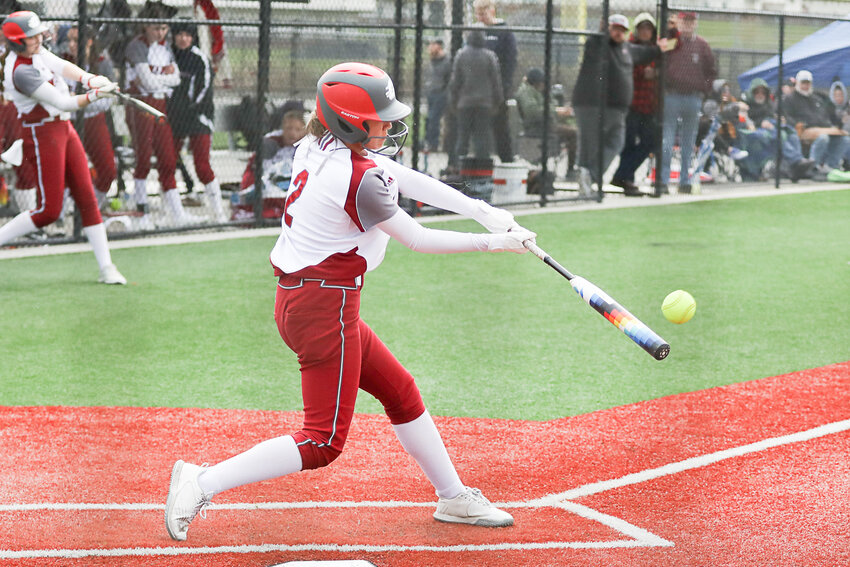 W.F. West's Gracie Elam hits a double during W.F. West's loss to Prairie on March 27.