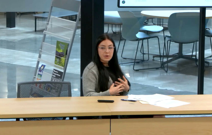 Katie Strozyk, Thurston County opioid and overdose response program manager, outlines the allowable uses of opioid settlement funds during a Board of County Commissioners work session on Wednesday, March 26.