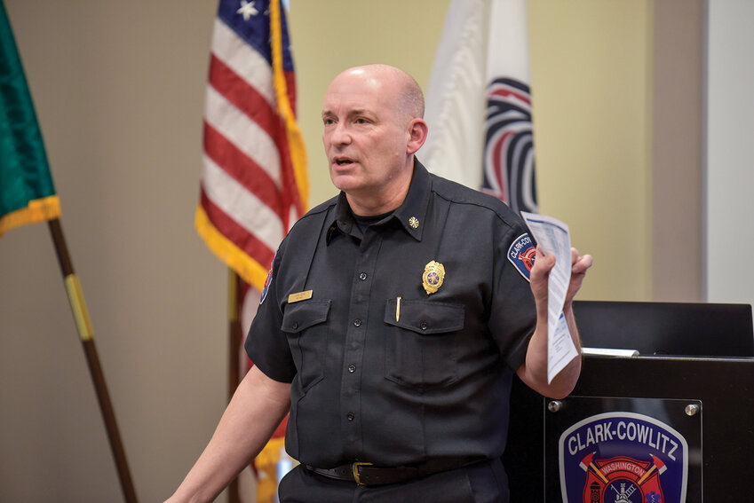 Chief John Nohr reviews Costco's tax statement during a Monday, March 24, meeting at Station 21. Nohr highlighted how the tax increment financing (TIF) structure significantly reduces revenue allocated to essential services, including the fire district.