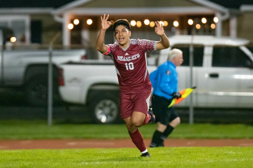 W.F. West&rsquo;s Adrian Jaimes celebrates after scoring his third goal of a win over Centralia in Chehalis on Tuesday, April 1.