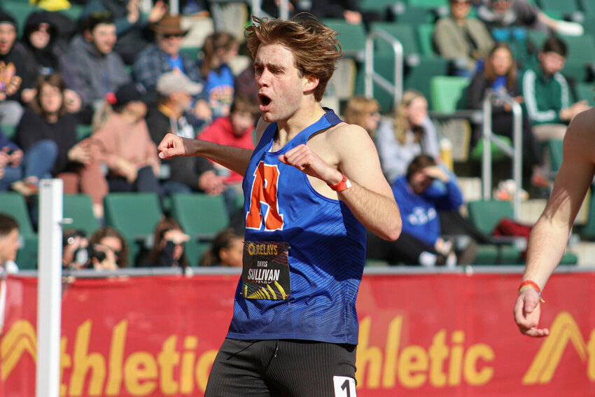 Ridgefield's Davis Sullivan reacts after finishing with a new personal record in the 800 meters at the Oregon Relays at Hayward Field in Eugene, Ore., Saturday, April 5.