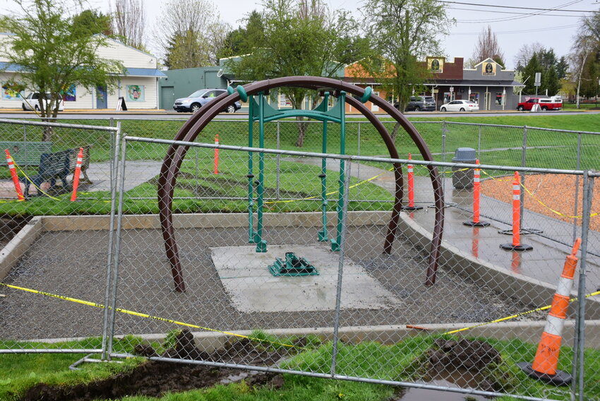 Yelm&rsquo;s new wheelchair accessible swing is being built at Yelm City Park. It&rsquo;s pictured here on Tuesday, April 8.