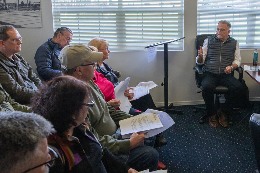 Logistics Property Co. Executive West Region Vice President Dennis Rice talks about the company during an Industrial Development District public hearing at the April 2 Port of Centralia commissioners meeting.