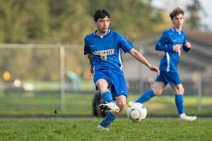Rochester's Jaime Rodriguez Meraz looks to pass during a win over Tenino on Thursday, April 10.