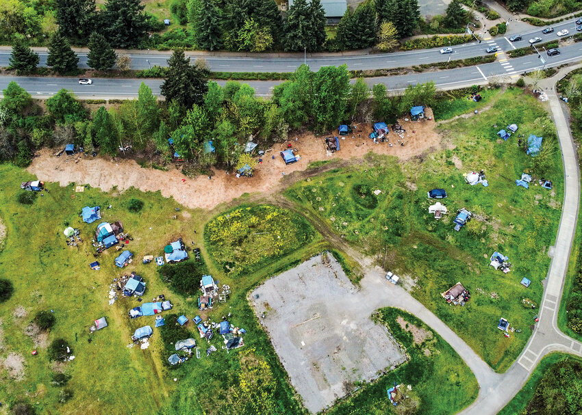 A large homeless encampment is seen along the Burnt Bridge Creek Trail at North Andresen Road in Vancouver city limits in 2024.