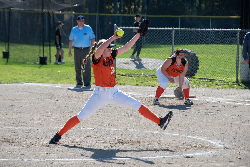 Elaina Henry winds up a pitch against Toledo at Rainier Elementary School on Monday, April 14.