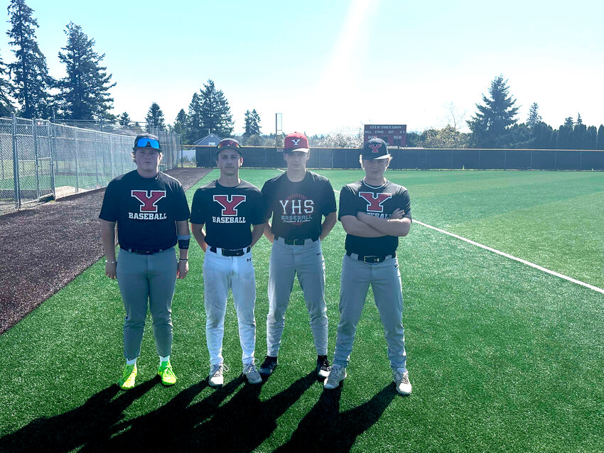 Yelm High School baseball seniors Barrett Schnetz, Colby Ward, Wyatt Robison and Tyler Sage pose for a photo.