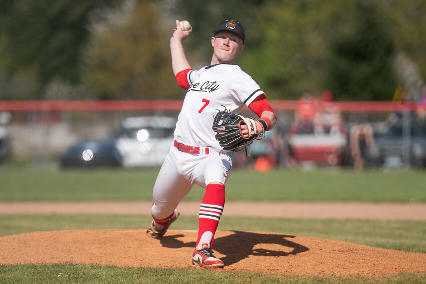Tenino&rsquo;s Austin Gonia throws a pitch during a loss to Montesano at Tenino High School on Tuesday, April 15.