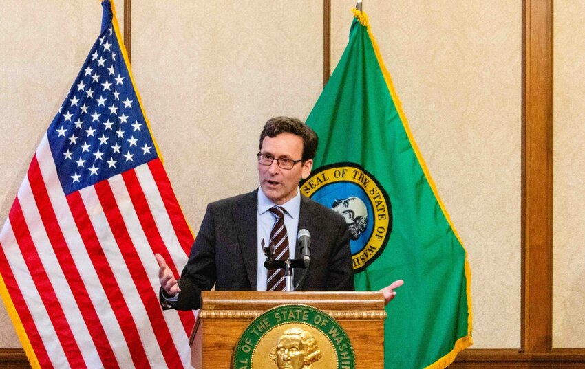 Gov. Bob Ferguson is seen during a media availability on Tuesday, April 1, 2025. (Photo by Jacquelyn Jimenez Romero/Washington State Standard)