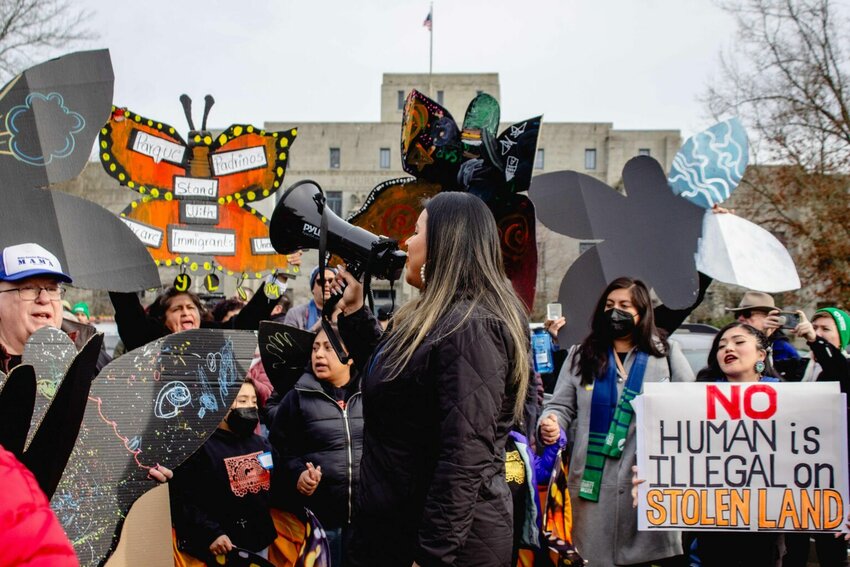 Hundreds of people marched to the steps of the Washington state Capitol in Olympia as part of an immigrant rights rally on Jan. 30, 2025. (Photo by Jacquelyn Jimenez Romero/Washington State Standard)