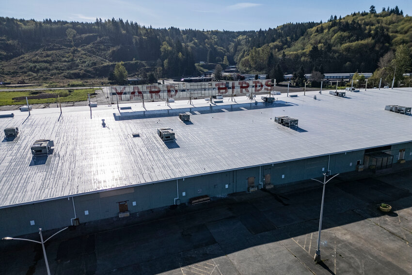 Yard Birds&rsquo; newly installed roof is pictured from above in Chehalis on Friday, April 18.
