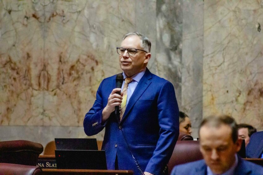Sen. Bill Ramos, D-Issaquah, speaking on the floor on April 16, 2025. (Photo by Jacquelyn Jimenez Romero/Washington State Standard)