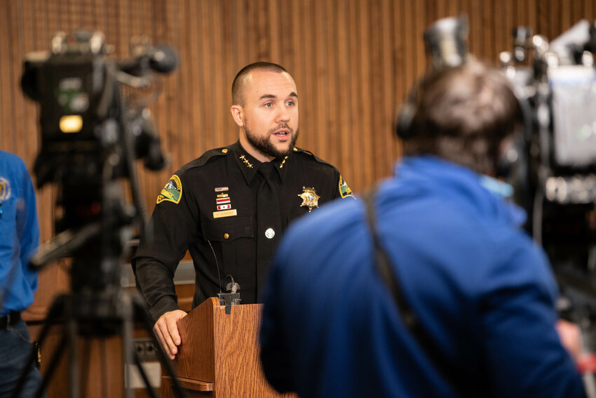 Thurston County Sheriff Derek Sanders speaks during a press conference addressing the murder of Marcia Norman at the Thurston County Courthouse in Olympia on Monday, April 21.