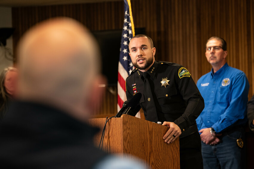 Thurston County Sheriff Derek Sanders answers questions during a press conference addressing the murder of Marcia Norman at the Thurston County Courthouse in Olympia on Monday, April 21.