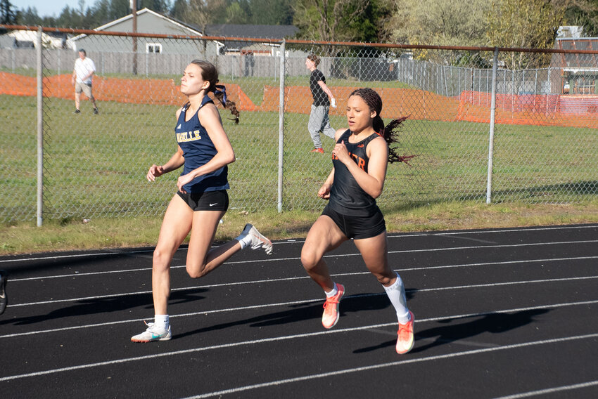 Rainier's Jazzlyn Shumate wins the 400 meters at the District 4 1B/2B League Meet at Rainier High School on Tuesday, April 22.