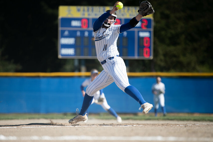 Rochester&rsquo;s Leah Hartley throws a pitch during a win over Onalaska at Rochester High School on Tuesday, April 22.