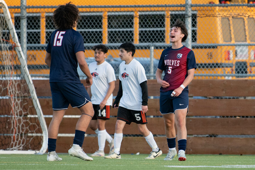 Black Hills&rsquo; Ethan Badger celebrates after scoring a goal during a 1-0 win over Centralia in Tumwater on Tuesday, April 22.