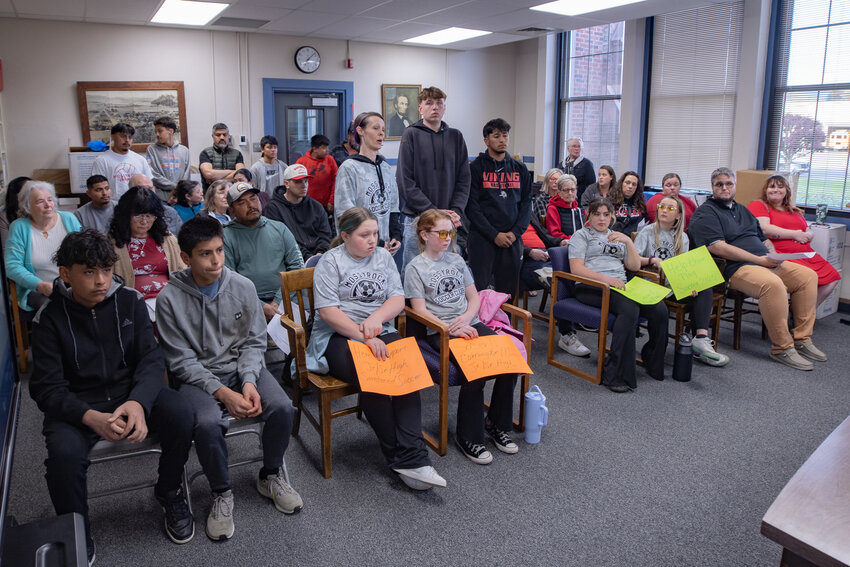 More than two dozen people including Mossyrock School District teachers, students and their family members attend a Mossyrock School Boarding meeting on Monday, April 21, voicing support for the creation of school-sanctioned boys soccer teams in the upcoming 2025-2026 school year.
