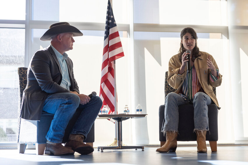 Congresswoman Marie Gluesenkamp Perez speaks at a town hall in the TransAlta Commons at Centralia College on Tuesday, April 22.