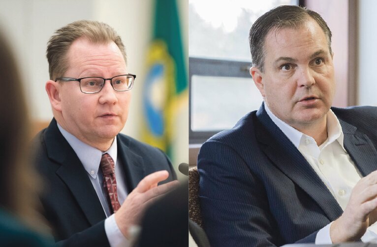 Washington Superintendent of Public Instruction Chris Reykdal, left, and Senate Minority Leader John Braun, R-Centralia.