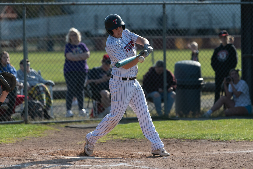Toledo's Ryker Sorensen hits a base hit during Toledo's win over Napavine on April 23.