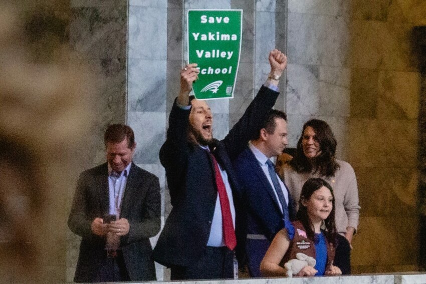 Rep. Jeremie Dufault, R-Selah, protests the closure of the Yakima Valley School, a facility for people with developmental and intellectual disabilities, April 9, 2025 at the Washington state Capitol, in Olympia. Dufault was blocked from participating in-person in floor proceedings during the final few days of the 2025 session after an outburst in the House chamber on Thursday, April 24. (Photo by Jacquelyn Jimenez Romero/Washington State Standard)